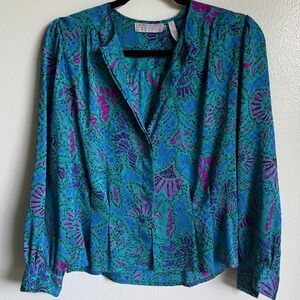 Laura & Jayne Vintage Fun Vibrant Colorful Teal Blue Purple Long Sleeve Blouse 6